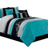 Chezmoi Collection Napa 7 Parça Lüks Yapraklar Kıvrımlı Nakış Yatak Yorgan Seti (Kraliçe, Cam Göbeği Mavisi/Gri/Siyah)