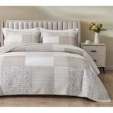 Chezmoi Collection Quinn 3 Parça Nötr Boz Kahverengi Gri Beyaz Çiçekli Hibiscus Çiçek Şeker Çizgili Patchwork Yorgan Seti - Önceden Yıkanmış Pamuklu Örtü - Hafif Ters Çevrilebilir Yatak Örtüsü, Queen