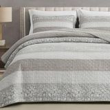 Chezmoi Collection Robyn 2 Parça Nötr Boz Kahverengi Gri Beyaz Çiçekli Amber Çiçeği Yama İşi Çizgili Yorgan Seti - Önceden Yıkanmış Pamuklu Örtü - Hafif Ters Çevrilebilir Yatak Örtüsü, Çift Kişilik