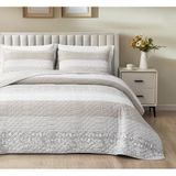 Chezmoi Collection Robyn 3 Parça Nötr Boz Kahverengi Gri Beyaz Çiçekli Amber Çiçeği Yama İşi Çizgili Yorgan Seti - Önceden Yıkanmış Pamuklu Örtü - Hafif Ters Çevrilebilir Yatak Örtüsü, Battal Boy