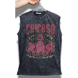 Chicago Yazılı Yıkamalı Kolsuz Tişört, Unisex Basketbol Temalı Sıfır Kollu Retro Atlet - Siyah