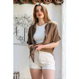 Chiccy Açık Kahve Gömlek Yaka Kısa Kol Kapamasız Yıkamalı Önden Düğüm Bağlamalı Casual Dokuma Bluz 62 67
