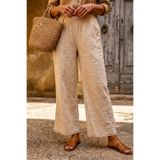 Chiccy Bej Astarlı Brodeli Lastikli Bel Casual Organze Kumaş Dokuma Pantolon 103 65