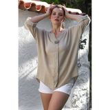 Chiccy Bej Havuz Yaka Düğmeli 3/4 Kol Yıkamalı Casual Müslin Dokuma Bluz 75 70