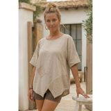 Chiccy Bej Havuz Yaka Kısa Kol Cepli Brodeli Asimetrik Casual Keten Görünümlü Oversize Dokuma Bluz 75 67