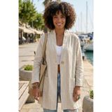 Chiccy Bej Kimono Yaka 3/4 Kol Düğmeli Çift Cepli Casual Flamlı Pamuklu Kumaş Dokuma Ceket 85 60
