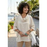 Chiccy Bej Şal Yaka Kısa Kol Çift Cepli Casual Keten Görünümlü Geniş Kesim Dokuma Bluz 65 83