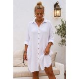 Chiccy Beyaz Gömlek Yaka 3/4 Kol Düğmeli Gizli Cepli Yıkamalı Casual Müslin Oversize Dokuma Elbise 101 72
