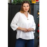 Chiccy Beyaz Gömlek Yaka Düğmeli 3/4 Kol Düğmeli Casual Müslin Dokuma Bluz