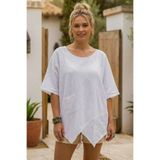 Chiccy Beyaz Havuz Yaka Kısa Kol Cepli Brodeli Asimetrik Casual Keten Görünümlü Oversize Dokuma Bluz 75 67