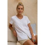 Chiccy Beyaz V Yaka Kısa Kol Düğmeli Süzene Nakışlı Casual Pamuklu Oversize Dokuma Bluz 68 55
