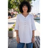 Chiccy Beyaz V Yaka Kısa Kol Düğmeli Yaka Ve Kolucu Fırfırlı Casual Müslin Oversize Dokuma Bluz 77 70
