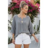 Chiccy Gri Havuz Yaka Düğmeli 3/4 Kol Yıkamalı Casual Müslin Dokuma Bluz 75 70