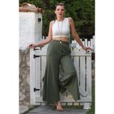 Chiccy Haki Astarlı Yıkamalı Lastikli Ve Bağlamalı Bel Geniş Paça Casual Dokuma Pantolon 108 64