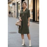 Chiccy Haki Gömlek Yaka Düğmeli Uzun Kollu Cepli Casual Kadife Dokuma Elbise 105 55