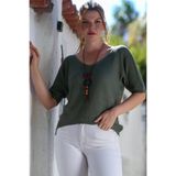 Chiccy Haki V Yaka 3/4 Kol İnce Arkası Uzun Crop Fit Triko Bluz 50 60