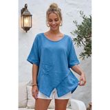 Chiccy İndigo Havuz Yaka Kısa Kol Cepli Brodeli Casual Pamuklu Asimetrik Dokuma Bluz 70 65