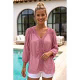 Chiccy İtalyan Gül Kurusu Dantel Yaka 3/4 Kol Astarlı Casual İpek Dokuma Bluz 67 57