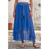 Chiccy İtalyan Saks Mavisi Astarlı Kuşaklı Casual İpek Uzun Dokuma Etek 90 65