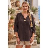 Chiccy Kahverengi Havuz Yaka Düğmeli 3/4 Kol Yıkamalı Casual Müslin Dokuma Bluz 70 65