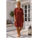 Chiccy Kiremit Rengi Gömlek Yaka 3/4 Kol Düğmeli Cepli Casual Müslin Oversize Dokuma Elbise 97 65