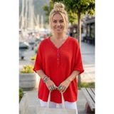 Chiccy Kırmızı V Yaka Kısa Kol Düğmeli Yaka Ve Kolucu Fırfırlı Casual Müslin Oversize Dokuma Bluz 77 70