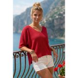 Chiccy Kırmızı V Yaka Yarasa Kol İnce Casual Merserize Crop Triko Bluz 55 58