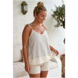 Chiccy Krem Omuzdan Bağlamalı Çizgili Casual Keten Görünümlü Dokuma Bluz 60 45