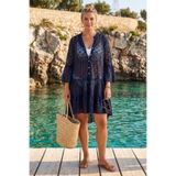 Chiccy Lacivert Hakim Yaka Volanlı Kol Düğmeli Eteği Fırfırlı Dantelli Casual Dokuma Beach Elbise 105 60