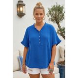 Chiccy Saks Mavisi V Yaka Kısa Kol Düğmeli Yaka Ve Kolucu Fırfırlı Casual Müslin Oversize Dokuma Bluz 77 70