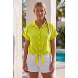 Chiccy Sarı Gömlek Yaka Kısa Kol Düğmeli Brodeli Etek Ucu Bağlamalı Casual Pamuklu Crop Dokuma Bluz 55 63