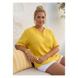 Chiccy Sarı V Yaka Kısa Kol Düğmeli Yaka Ve Kolucu Fırfırlı Casual Müslin Oversize Dokuma Bluz 77 70
