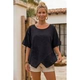 Chiccy Siyah Havuz Yaka Kısa Kol Cepli Brodeli Asimetrik Casual Keten Görünümlü Oversize Dokuma Bluz 75 67
