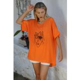 Chiccy Turuncu Havuz Yaka Kısa Kol Nakışlı Dokuma Casual Pamuklu Bluz