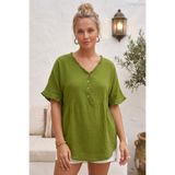 Chiccy Yeşil V Yaka Kısa Kol Düğmeli Yaka Ve Kolucu Fırfırlı Casual Müslin Oversize Dokuma Bluz 77 70