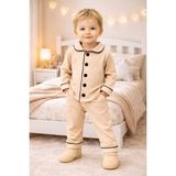 Chicsy Baby Bebek Düğmeli Pijama Takımı Yumuşak Kumaş Uzun Kollu Rahat Kesim Erkek Bebek Uyku Takımı - Bej - 18 - 24 Ay