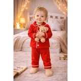 Chicsy Baby Bebek Düğmeli Pijama Takımı Yumuşak Kumaş Uzun Kollu Rahat Kesim Erkek Bebek Uyku Takımı - Kırmızı - 18 - 24 Ay