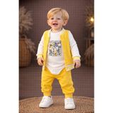 Chicsy Baby Erkek Bebek 3’lü Eşofman Takımı Çıtçıtlı Body Baskılı Hırka Sarı Alt Takım
