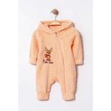 Chicsy Baby Kışlık Tatlı Ren Geyikli Nakışlı Kapüşonlu Welsoft Fermuarlı Bebek Tulum - Somon - 0-3 M