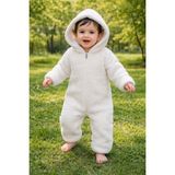 Chicsy Baby Kışlık Tatlı Unisex Kapüşonlu Peluş Fermuarlı Bebek Tulum - Beyaz - 6 Ay