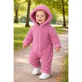 Chicsy Baby Kışlık Tatlı Unisex Kapüşonlu Peluş Fermuarlı Bebek Tulum - Nar Çiçeği - 3 Ay