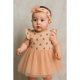 Chicsy Baby Kız Bebek Çiçek Nakışlı Tül Etekli Premium Elbise ve Taç Takımı - 9 - 12 Ay - Pembe