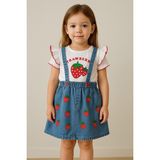 Chicsy Baby Kız Bebek Çilek Desenli Askılı Kot Elbise Takım Prenses Kesim Doğum Günü İçin Şık Stil - 6 - 9 Ay - Lacivert