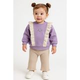 Chicsy Baby Kız Bebek Dantelli Çiçek Nakışlı 2’li Sweatshirt ve Ribana Pantolon Takım - Mor - 9 - 12 Ay