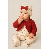 Chicsy Baby Kız Bebek Fırfırlı Hırka Desenli Tulum Fiyonk Bere 3’lü Takım - Kırmızı - 3 - 6 Ay