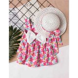 Chicsy Baby Tatlı Kız Bebek Renkli Çiçek Desenli Askılı Elbise ve Şapka Takımı Yazlık Pamuklu Bebek Elbisesi - 3 - 6 Ay - Pembe