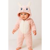 Chicsy Baby Unisex Bebek Kapüşonlu Tavşan Desenli Peluş Tulum - Pudra - 0-3 M