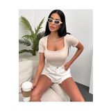 Chicup Kadın Krem Kare Yaka Fitilli Örme Bluz