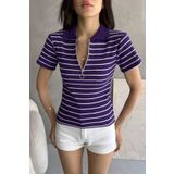 Chicup Kadın Mor Beyaz Yarım Fermuarlı Polo Yaka Fitilli Örme Bluz