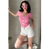 Chicup Kadın Pembe Fiyonklu Fitilli Örme Bluz